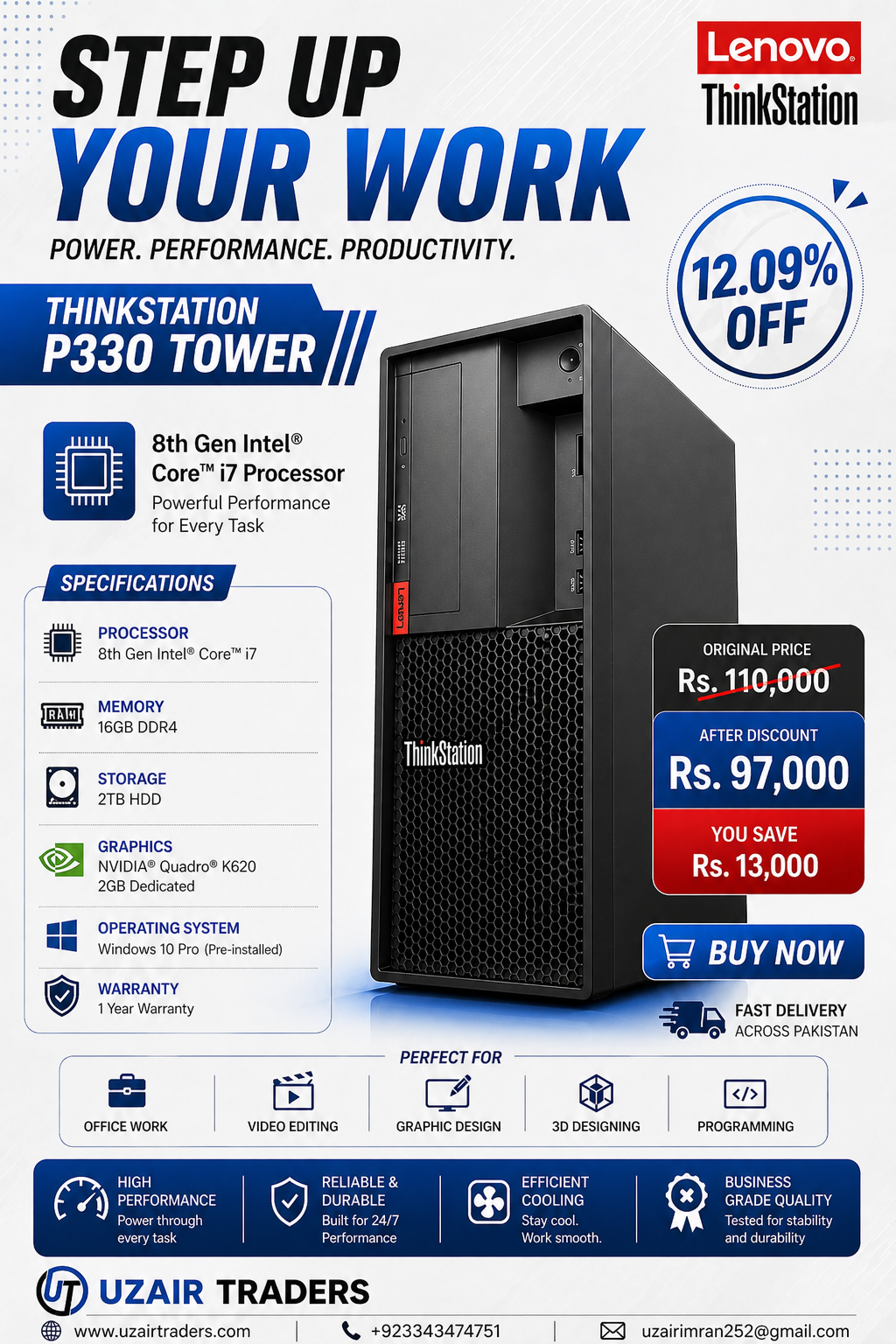 ThinkStation P330 Tower | Core i7 8th Gen | 16GB RAM | 2TB HDD | NVIDIA K620 Graphics Workstation PC