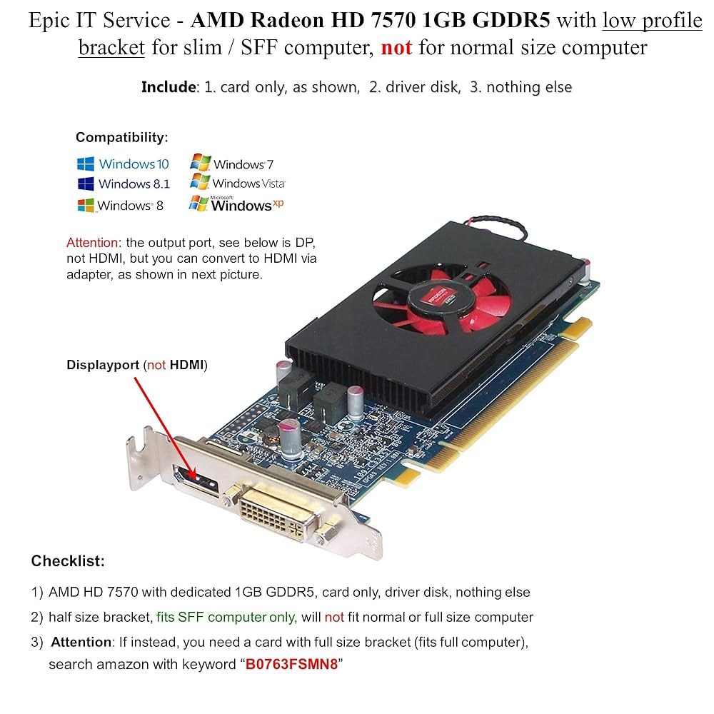 AMD Radeon HD 7570 1GB GDDR5 | Low Profile Premium GPU for Slim PCs – Ultra-Fast Graphics with DisplayPort & DVI